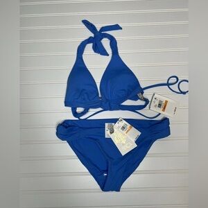 Becca Rebecca Virtue Bikini Set Split Strap Top Bottom Blue Small NEW. 447